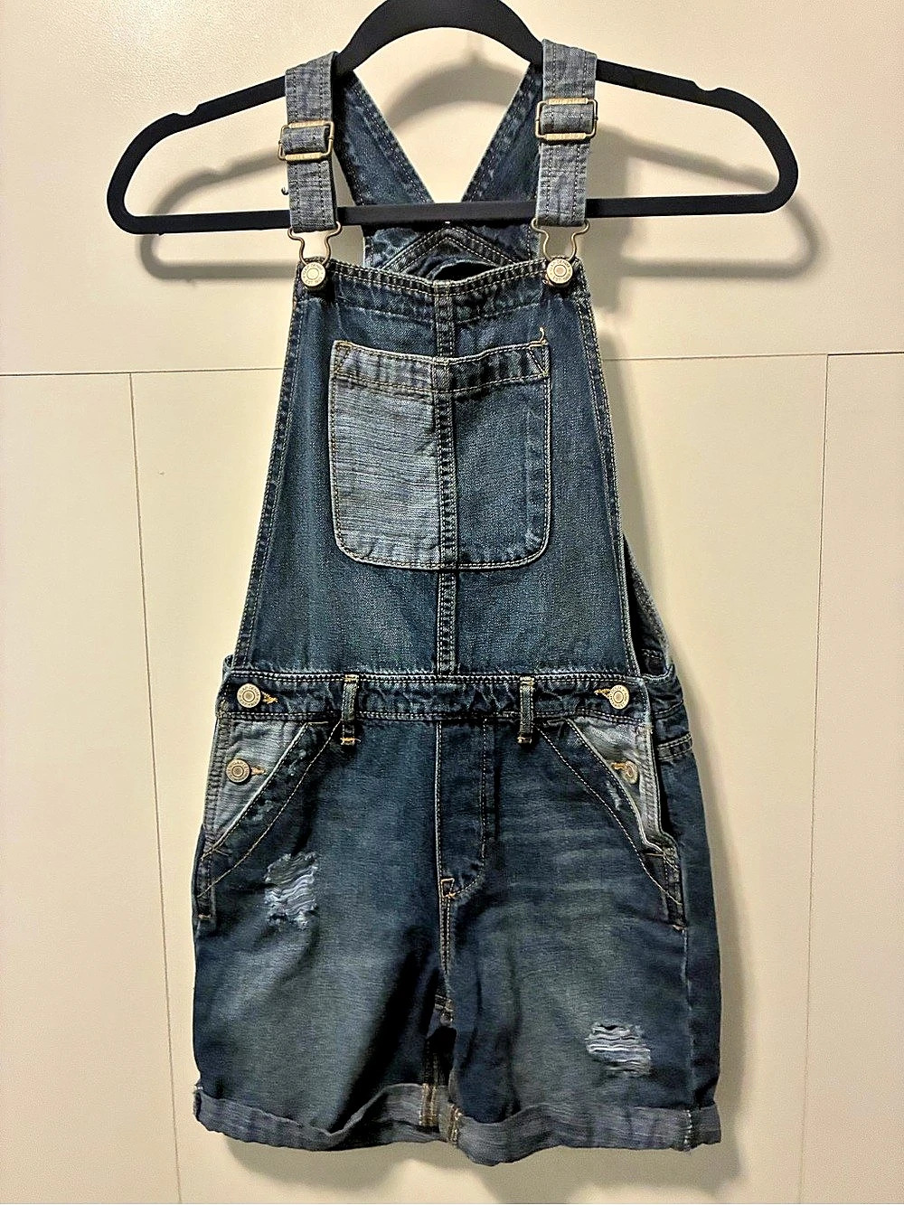 GAP Distressed 2-Tone Denim Short Overalls in Blue